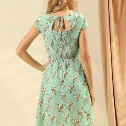 Allegra K Women's Smocked Sweetheart Cap Sleeve Cinched Floral Chiffon Midi Dress 14 Allegra K Women's Smocked Sweetheart Cap Sleeve Cinched Floral Chiffon Midi Dress