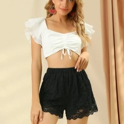 Allegra K Women's Floral Lace Scalloped Hem High Waist Elastic Waist Summer Beach Shorts