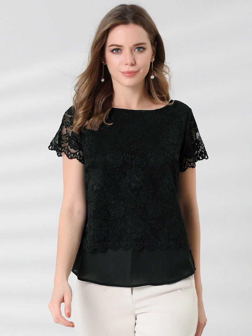 Allegra K Women's Floral Lace See Through Sheer Short Sleeve Hem Layer Top Blouse 11 Allegra K Women's Floral Lace See Through Sheer Short Sleeve Hem Layer Top Blouse