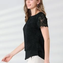 Allegra K Women's Floral Lace See Through Sheer Short Sleeve Hem Layer Top Blouse 25 Allegra K Women's Floral Lace See Through Sheer Short Sleeve Hem Layer Top Blouse