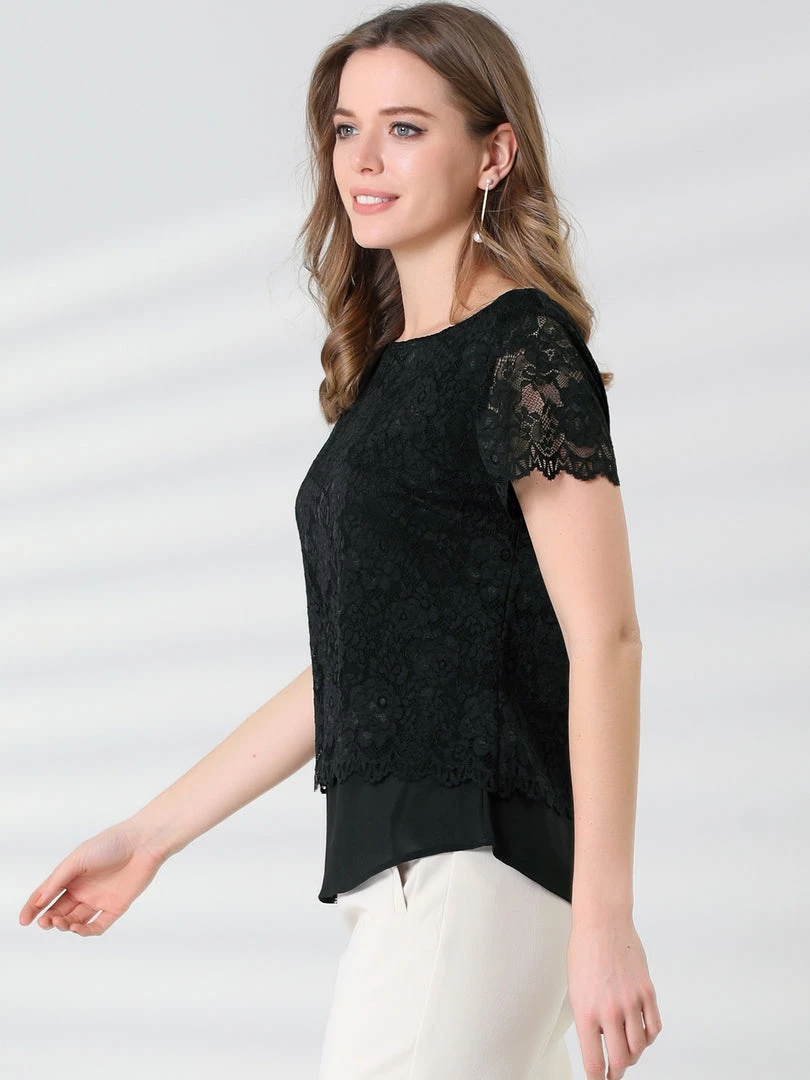 Allegra K Women's Floral Lace See Through Sheer Short Sleeve Hem Layer Top Blouse 13 Allegra K Women's Floral Lace See Through Sheer Short Sleeve Hem Layer Top Blouse