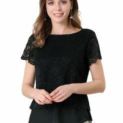 Allegra K Women's Floral Lace See Through Sheer Short Sleeve Hem Layer Top Blouse 22 Allegra K Women's Floral Lace See Through Sheer Short Sleeve Hem Layer Top Blouse
