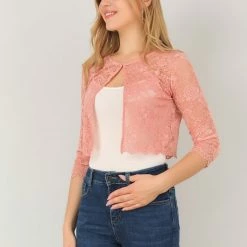 Allegra K Women's Elegant Ruffle Collar Crop Cardigan Sheer Floral Lace Shrug Tops