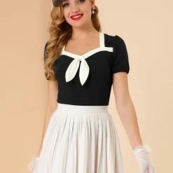 Allegra K Women's Retro Sweetheart Neck Contrast Bow Tie Short Sleeve Blouse