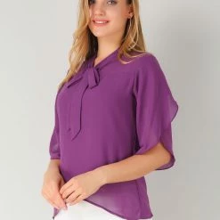 Allegra K Women's Tie Neck Loose Layered Asymmetrical Hem Chiffon Blouse Top