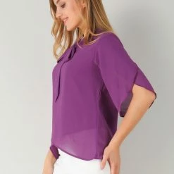 Allegra K Women's Tie Neck Loose Layered Asymmetrical Hem Chiffon Blouse Top