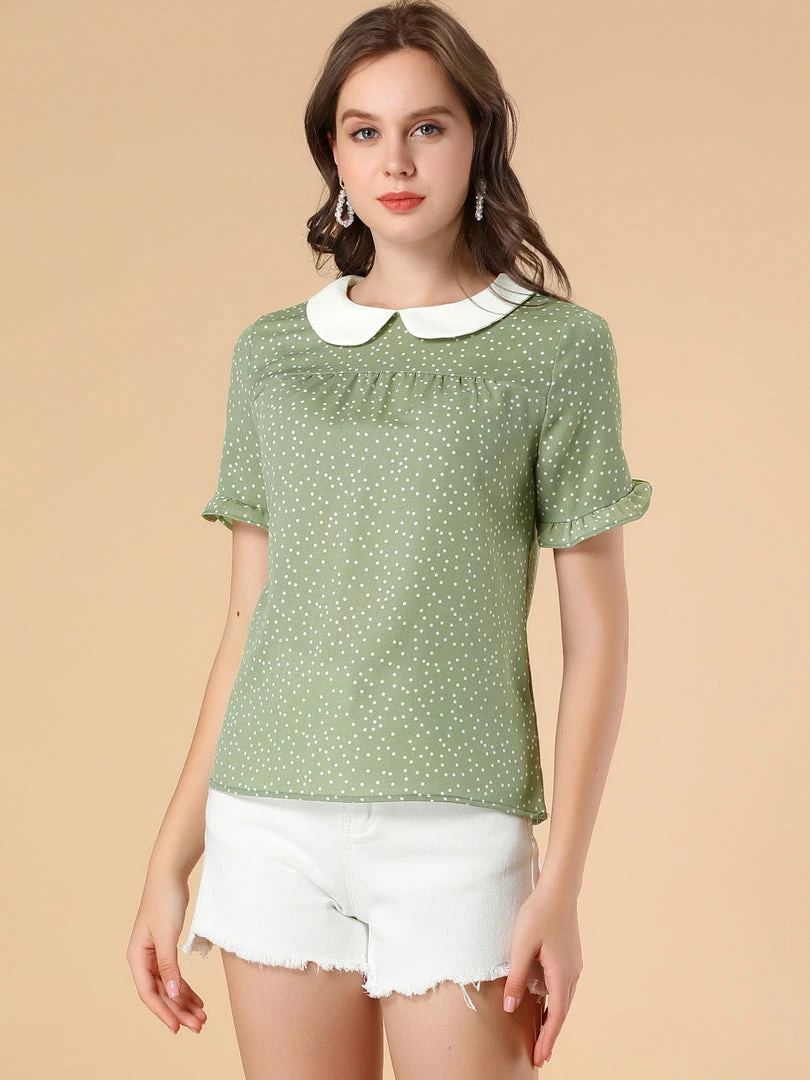 Allegra K Women's Doll Collar Contrast Ruffled Sleeve Polka Dots Blouse 5 Allegra K Women's Doll Collar Contrast Ruffled Sleeve Polka Dots Blouse