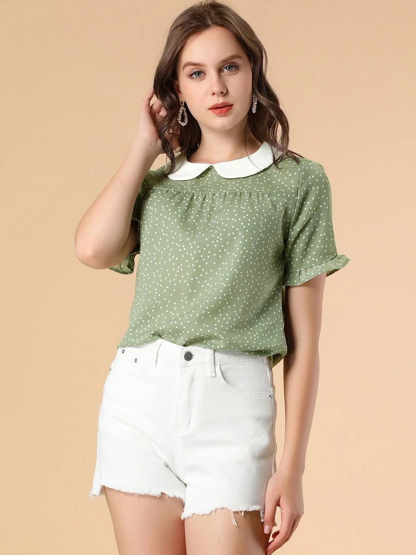 Allegra K Women's Doll Collar Contrast Ruffled Sleeve Polka Dots Blouse 6 Allegra K Women's Doll Collar Contrast Ruffled Sleeve Polka Dots Blouse