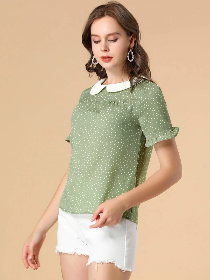 Allegra K Women's Doll Collar Contrast Ruffled Sleeve Polka Dots Blouse 7 Allegra K Women's Doll Collar Contrast Ruffled Sleeve Polka Dots Blouse