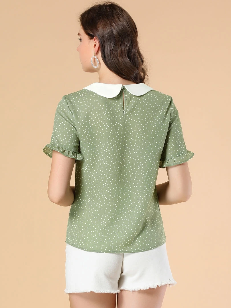 Allegra K Women's Doll Collar Contrast Ruffled Sleeve Polka Dots Blouse 8 Allegra K Women's Doll Collar Contrast Ruffled Sleeve Polka Dots Blouse
