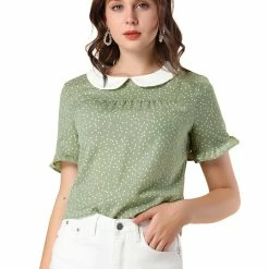 Allegra K Women's Doll Collar Contrast Ruffled Sleeve Polka Dots Blouse 16 Allegra K Women's Doll Collar Contrast Ruffled Sleeve Polka Dots Blouse