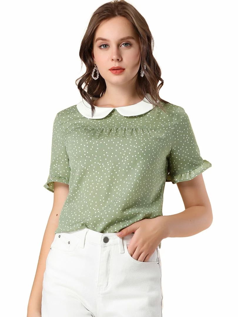Allegra K Women's Doll Collar Contrast Ruffled Sleeve Polka Dots Blouse 4 Allegra K Women's Doll Collar Contrast Ruffled Sleeve Polka Dots Blouse