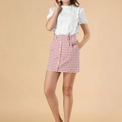 Allegra K Women's Plaid Tie Belt Mini Skirt Cotton High Waist Side Pocket Smocked Skirt