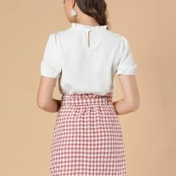 Allegra K Women's Plaid Tie Belt Mini Skirt Cotton High Waist Side Pocket Smocked Skirt