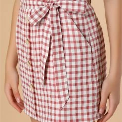 Allegra K Women's Plaid Tie Belt Mini Skirt Cotton High Waist Side Pocket Smocked Skirt