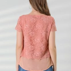 Allegra K Women's Floral Lace See Through Sheer Short Sleeve Hem Layer Top Blouse 20 Allegra K Women's Floral Lace See Through Sheer Short Sleeve Hem Layer Top Blouse