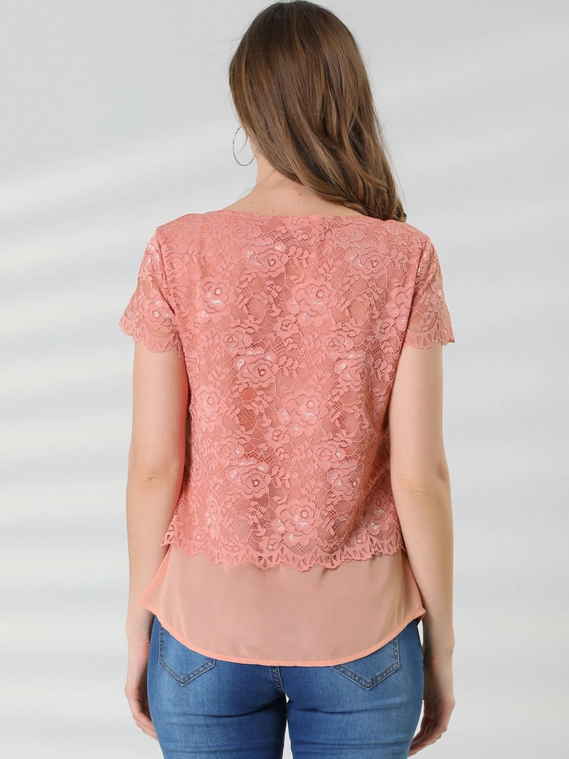 Allegra K Women's Floral Lace See Through Sheer Short Sleeve Hem Layer Top Blouse 8 Allegra K Women's Floral Lace See Through Sheer Short Sleeve Hem Layer Top Blouse