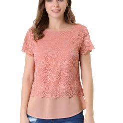 Allegra K Women's Floral Lace See Through Sheer Short Sleeve Hem Layer Top Blouse