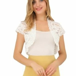 Allegra K Women's Elegant Short Sleeve Sheer Floral Lace Shrug Top