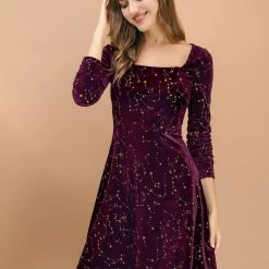 Allegra K Women's Stars Square Neck Vintage Velvet Mini Dress
