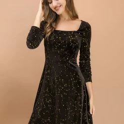 Allegra K Women's Stars Square Neck Vintage Velvet Mini Dress