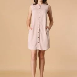 Allegra K Women's Button Up Shirtdress Sleeveless Tunic Denim Chambray Dress With Pocket