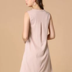 Allegra K Women's Button Up Shirtdress Sleeveless Tunic Denim Chambray Dress With Pocket