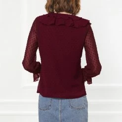 Allegra K Women's Ruffle Neck Polka Dot Button Front Sheer Chiffon Blouse