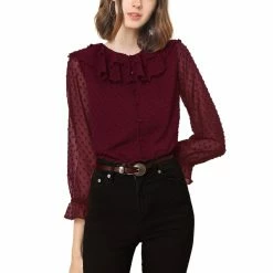 Allegra K Women's Ruffle Neck Polka Dot Button Front Sheer Chiffon Blouse