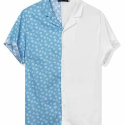 Allegra K Men's Printed Patchwork Short Sleeve Button Down Casual Summer Striped Shirt