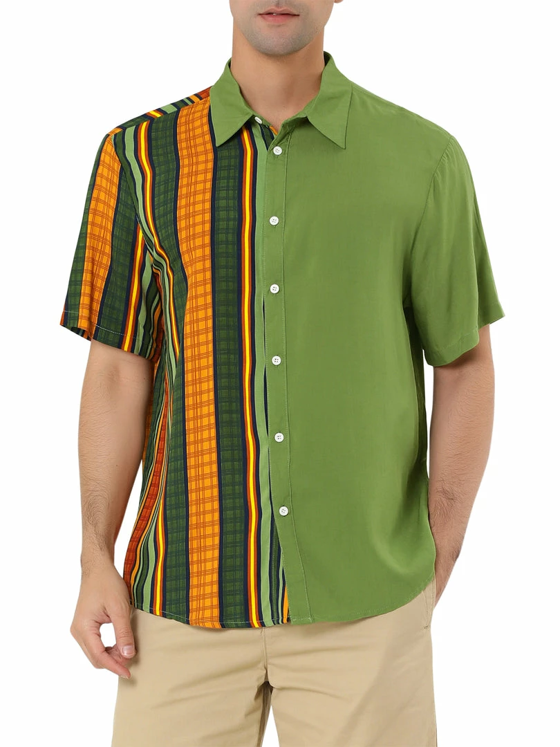 Allegra K Men's Irregular Geometric Color Block Patchwork Button Down Short Sleeve Striped Shirts 5 Allegra K Men's Irregular Geometric Color Block Patchwork Button Down Short Sleeve Striped Shirts