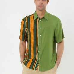 Allegra K Men's Irregular Geometric Color Block Patchwork Button Down Short Sleeve Striped Shirts 18 Allegra K Men's Irregular Geometric Color Block Patchwork Button Down Short Sleeve Striped Shirts