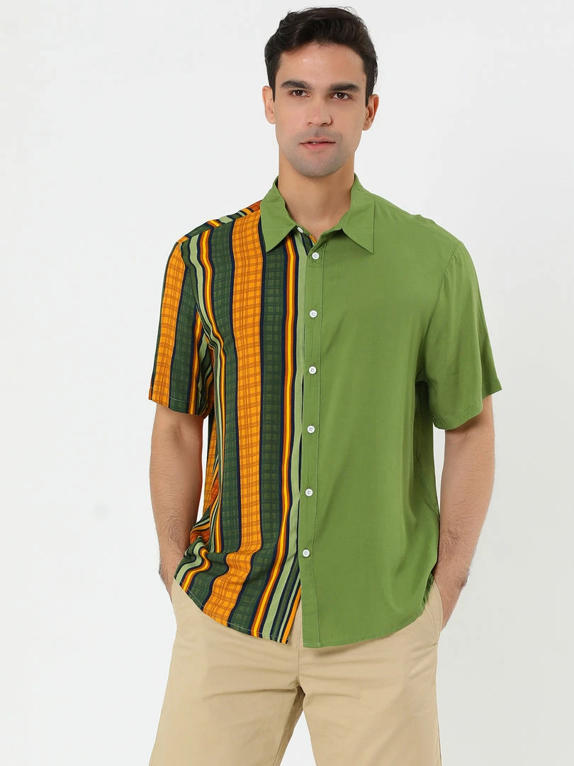 Allegra K Men's Irregular Geometric Color Block Patchwork Button Down Short Sleeve Striped Shirts 6 Allegra K Men's Irregular Geometric Color Block Patchwork Button Down Short Sleeve Striped Shirts