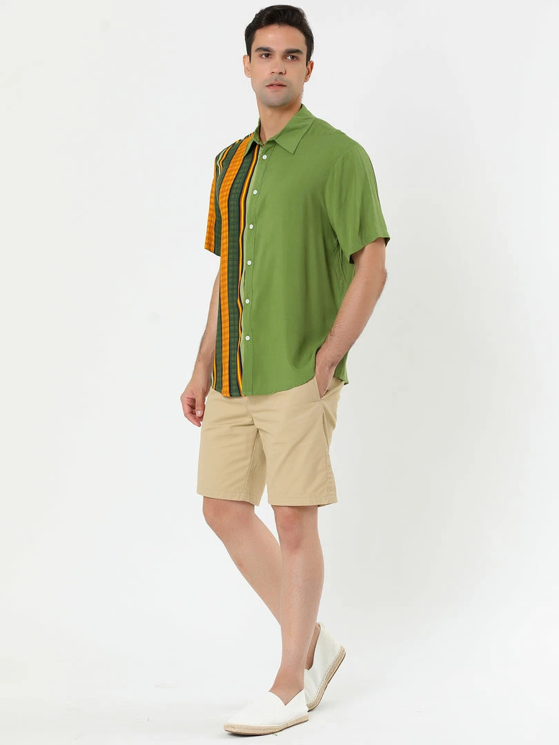 Allegra K Men's Irregular Geometric Color Block Patchwork Button Down Short Sleeve Striped Shirts 7 Allegra K Men's Irregular Geometric Color Block Patchwork Button Down Short Sleeve Striped Shirts