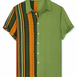 Allegra K Men's Irregular Geometric Color Block Patchwork Button Down Short Sleeve Striped Shirts