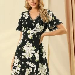 Allegra K Women's Floral Lace Trim Mini A-Line V Neck Dress