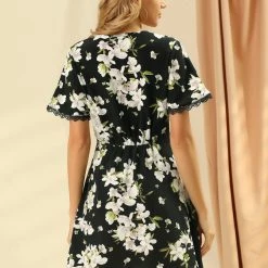 Allegra K Women's Floral Lace Trim Mini A-Line V Neck Dress