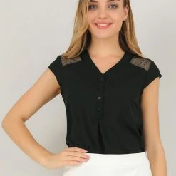 Allegra K Women's Mesh Cap Sleeve Top Blouse V Neck Button Summer Shirt