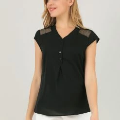 Allegra K Women's Mesh Cap Sleeve Top Blouse V Neck Button Summer Shirt