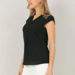 Allegra K Women's Mesh Cap Sleeve Top Blouse V Neck Button Summer Shirt