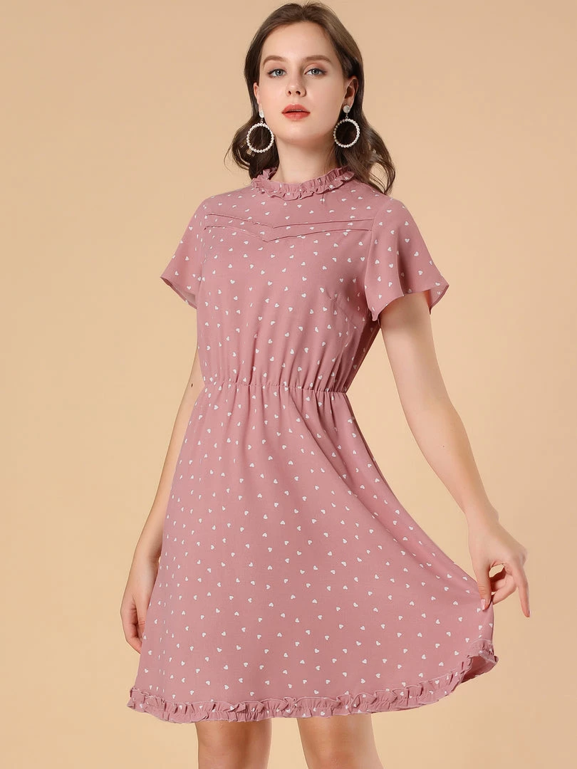 Allegra K Women's Summer Flare Sleeve Pintuck Decor Heart Print Ruffle Dress 5 Allegra K Women's Summer Flare Sleeve Pintuck Decor Heart Print Ruffle Dress