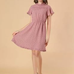 Allegra K Women's Summer Flare Sleeve Pintuck Decor Heart Print Ruffle Dress 12 Allegra K Women's Summer Flare Sleeve Pintuck Decor Heart Print Ruffle Dress