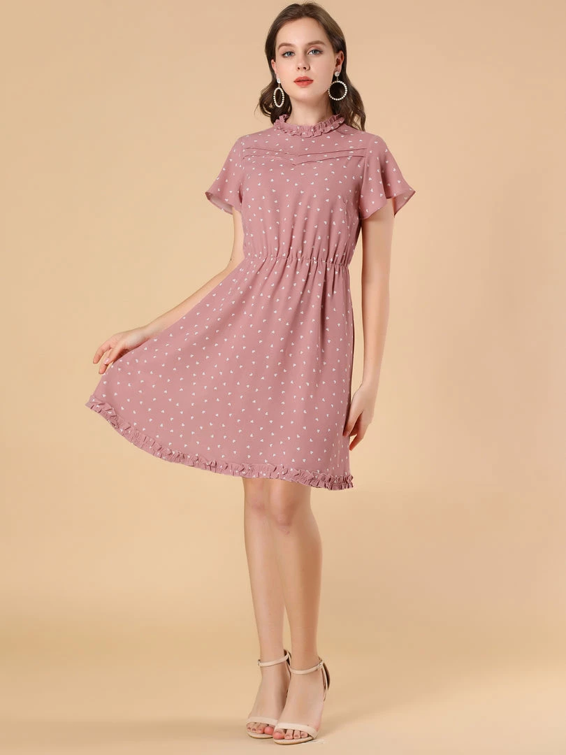 Allegra K Women's Summer Flare Sleeve Pintuck Decor Heart Print Ruffle Dress 6 Allegra K Women's Summer Flare Sleeve Pintuck Decor Heart Print Ruffle Dress