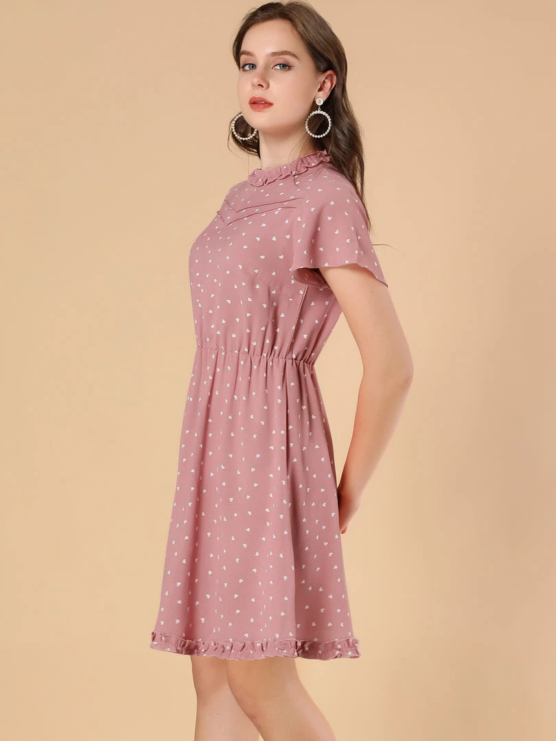 Allegra K Women's Summer Flare Sleeve Pintuck Decor Heart Print Ruffle Dress 7 Allegra K Women's Summer Flare Sleeve Pintuck Decor Heart Print Ruffle Dress