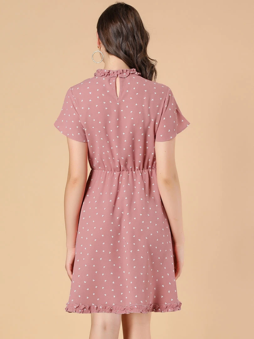 Allegra K Women's Summer Flare Sleeve Pintuck Decor Heart Print Ruffle Dress 8 Allegra K Women's Summer Flare Sleeve Pintuck Decor Heart Print Ruffle Dress