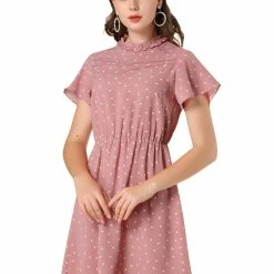 Allegra K Women's Summer Flare Sleeve Pintuck Decor Heart Print Ruffle Dress