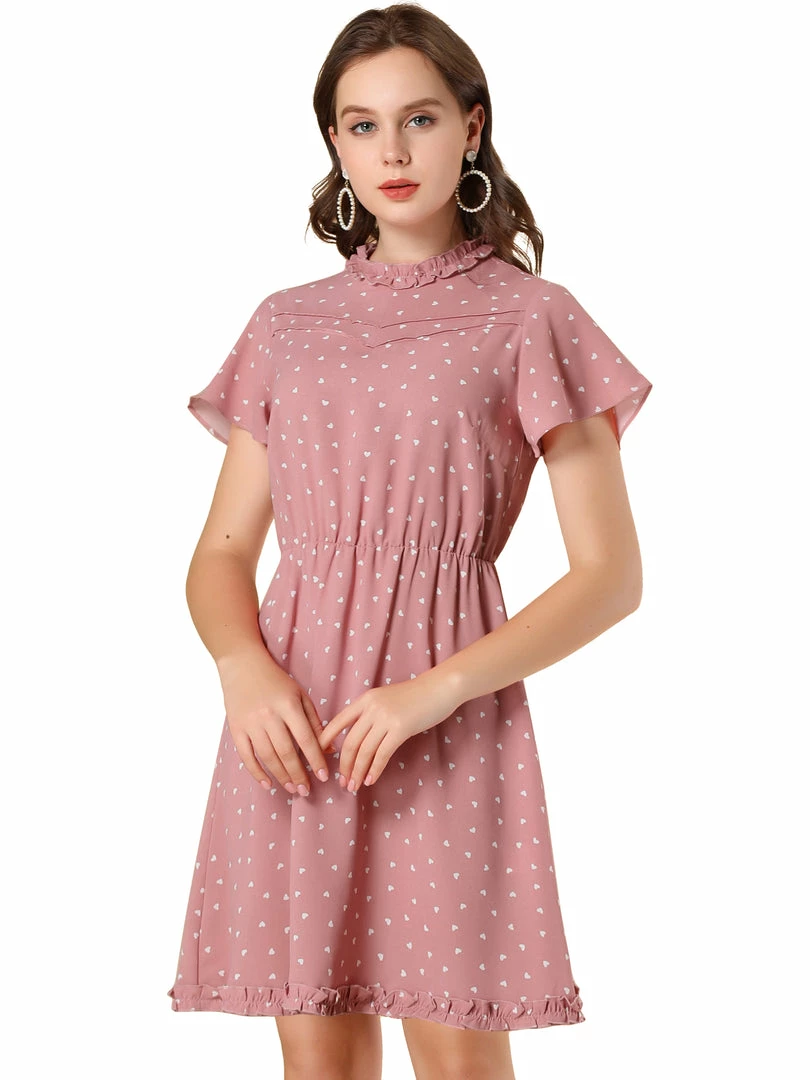 Allegra K Women's Summer Flare Sleeve Pintuck Decor Heart Print Ruffle Dress 4 Allegra K Women's Summer Flare Sleeve Pintuck Decor Heart Print Ruffle Dress