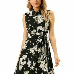 Allegra K Women's Floral Print Collared Dresses A-Line Sleeveless Shirt Dress