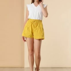 Allegra K Women's Casual Slit Pocket Wide Leg Tie Waist Cotton Shorts