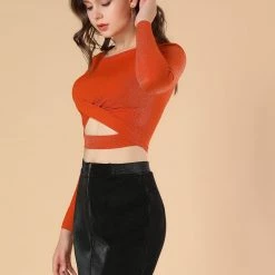 Women Allegra K Long Sleeve Crew Neck Cut Out Glitter Cross Crop Tops